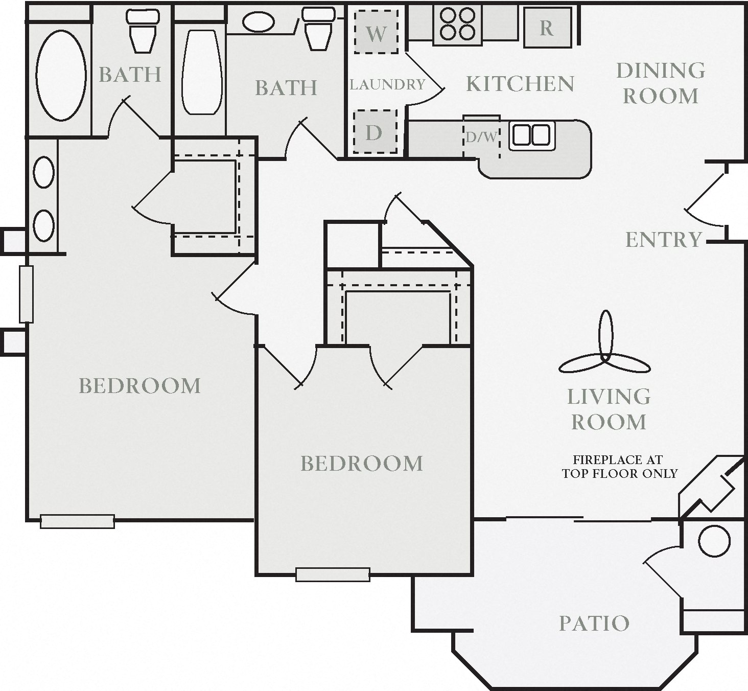 Floor plan for 2 beds, 2 baths, 1136 sqft